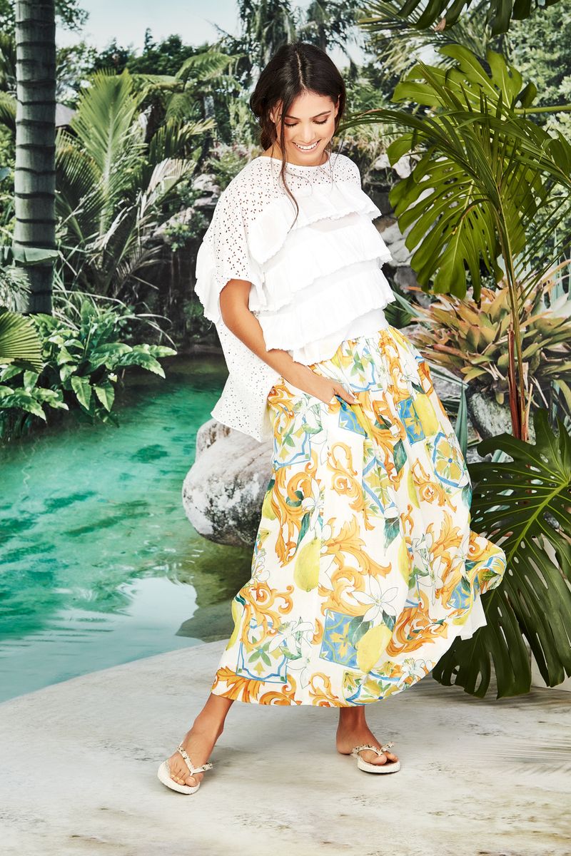 									FULL SUN SKIRT
								, 			FIT TO FRILL TOP
			