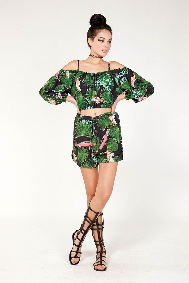 									WHAT HAPPENS IN VEGAS 'COLD SHOULDER' TOP
								, 			WHAT HAPPENS IN VEGAS 'LIFE'S TOO SHORT' SHORTS
			