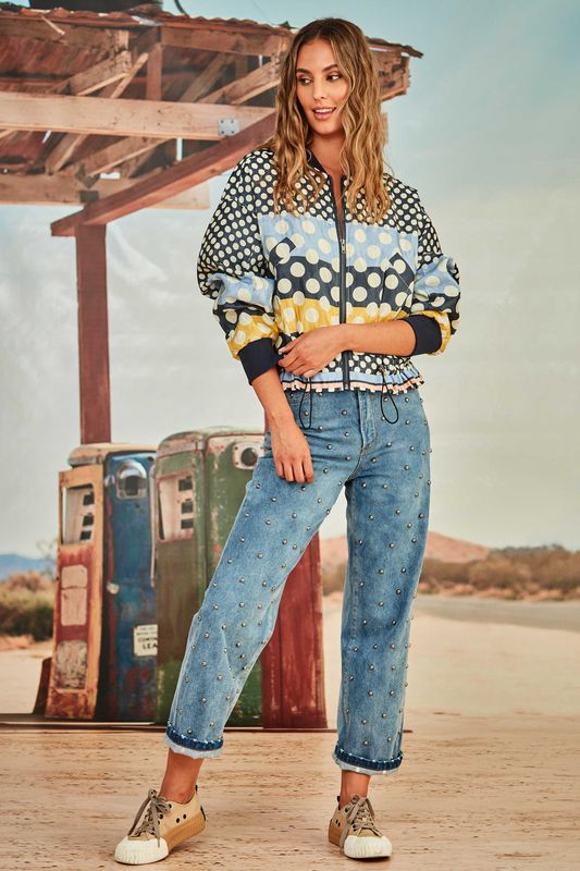 									RED ALL ABOUT IT BOMBER
								, 			STAR STUDDED JEANS
			