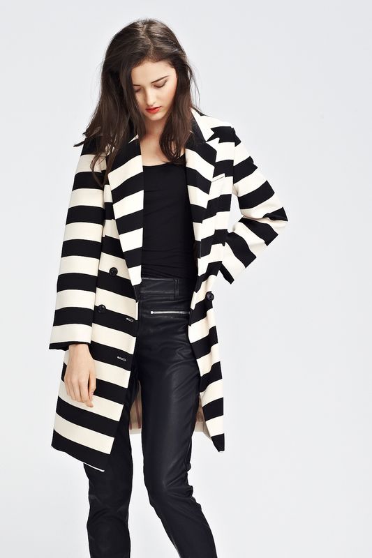 									IN A STRIPE LINE 'THE LOVE COAT' COAT
								, 			WAXI DRIVER 'JOINED AT THE ZIP' PANT
			