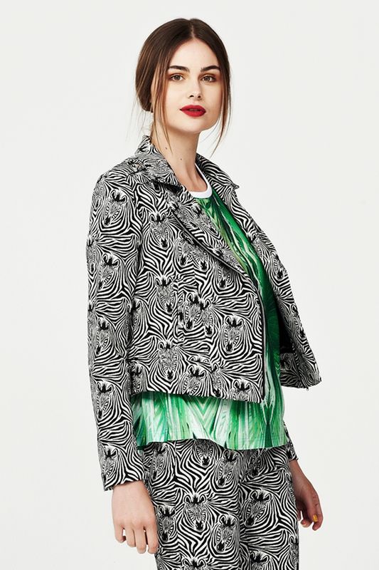 									MADAGASCAR 'EYE OF THE BIKER' JACKET
								, 			THE EGYPT GARDEN 'KALEIDOSCOPE PALM' TOP
								, 			MADAGASCAR 'WHO IN THE ZOO' PANTS
			