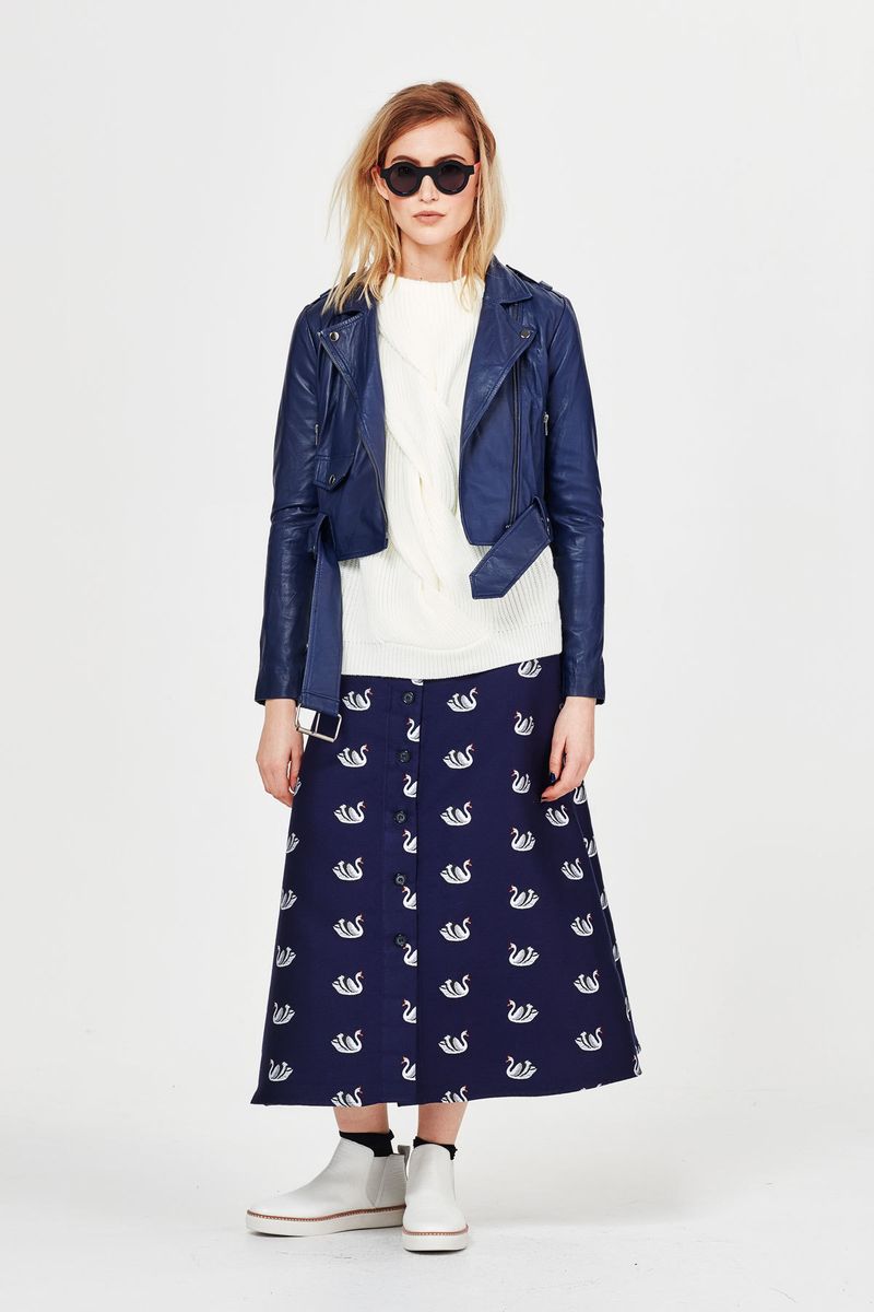 									SWAN SONG 'CROWN JEWELS' SKIRT
								, 			WOOL OF IT 'TWIST AND SHOUT' TOP
								, 			AT THE END OF YOUR LEATHER 'CROP DROP AND ROLL' JACKET
			