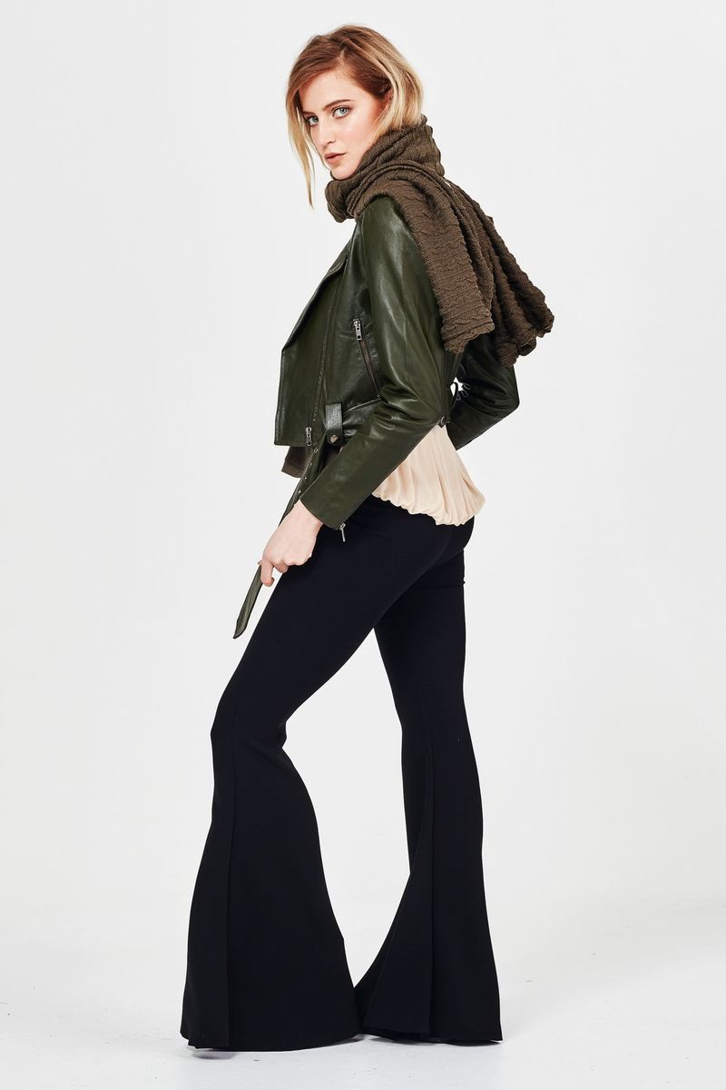 									AT THE END OF YOUR LEATHER 'CROP DROP AND ROLL' JACKET
								, 			GOLDBACK 'GREEN AND GOLD' TOP
								, 			OBSIDIAN 'WEAR AND FLARE' PANT
			