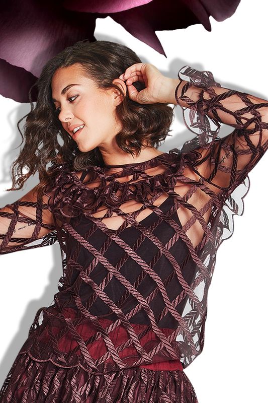 									FLOUNCING AROUND TOP
								, 			FREE FALLING SKIRT
			