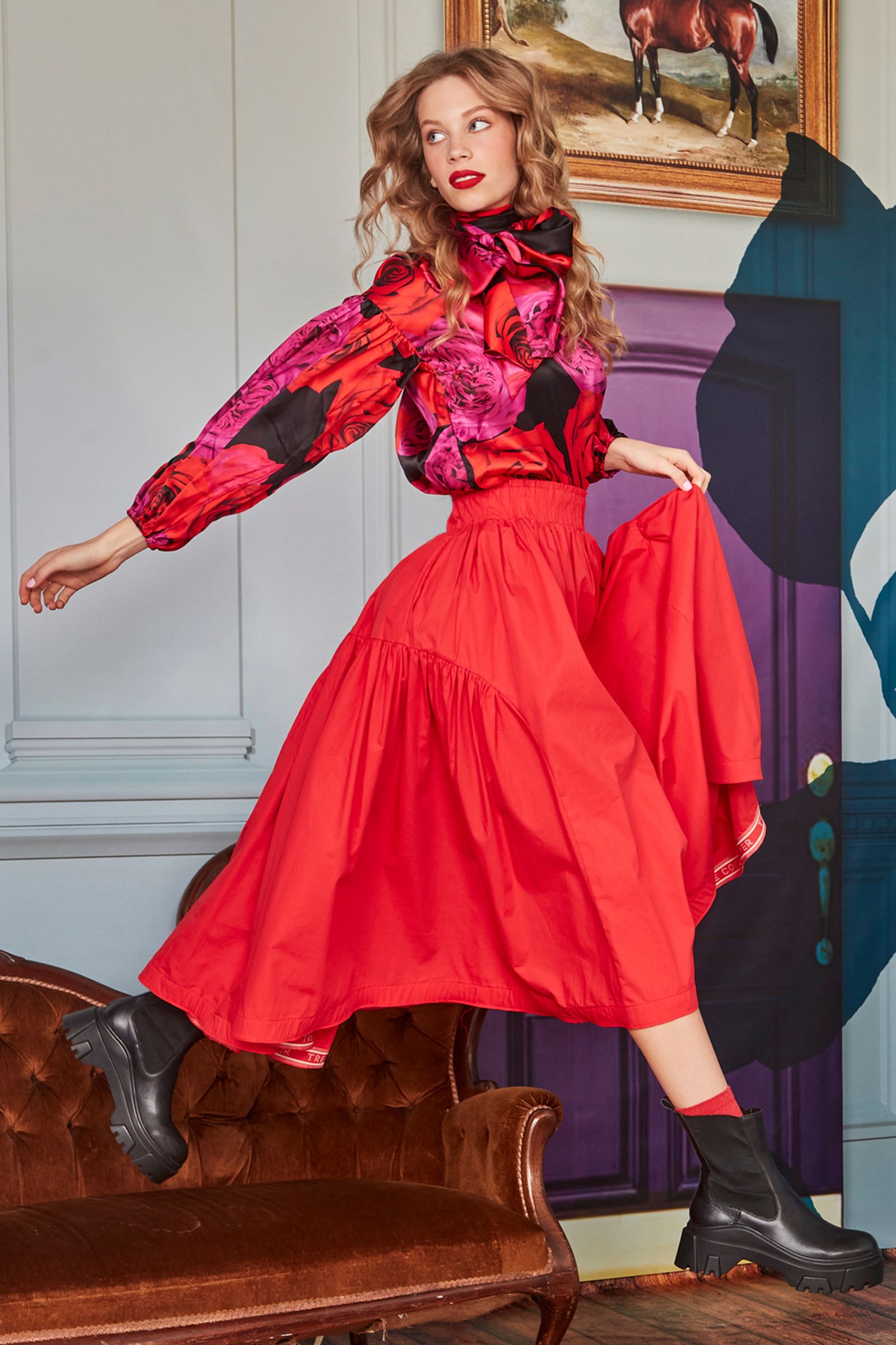 									SLEEVE ME BREATHLESS BLOUSE
								, 			FULL HOUSE SKIRT
			